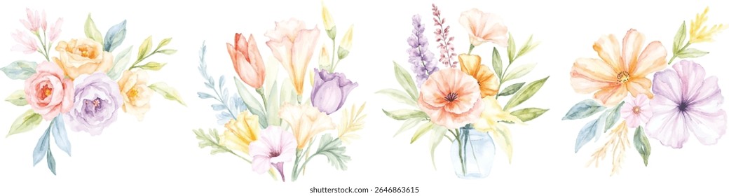 A collection of four charming watercolor floral bouquets featuring roses, poppies, tulips, and other blossoms in soft pastel hues, all isolated on a transparent background.