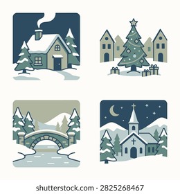 A collection of four charming winter village scenes, featuring snow-covered houses, trees, a bridge, and a church under a starry night sky.