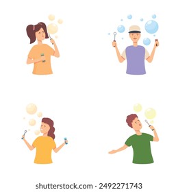 Collection of four cheerful individuals enjoying blowing colorful soap bubbles