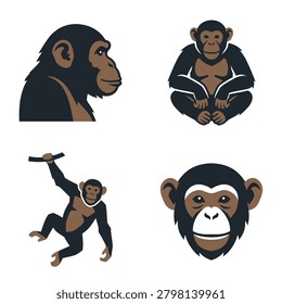 A collection of four chimpanzee illustrations including a profile view sitting pose swinging action and a detailed monkey face mascot design
