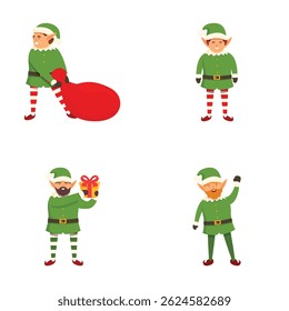 Collection of four christmas elves in various poses, perfect for holiday designs