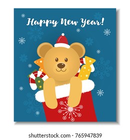 Collection of four Christmas and New Year card with cute bear.Vector design. Good for posters and greeting cards. Isolated on blue background.