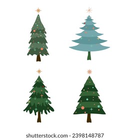 Colección de cuatro árboles de Navidad de diferentes estilos. Ilustración vectorial de los árboles verdes de Navidad