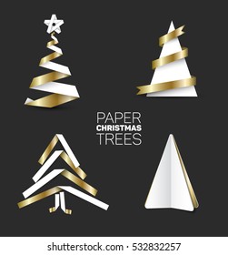 Collection of four christmas trees made from white and golden paper or  paper stripes on dark background