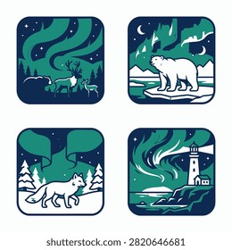 Collection of four circular icon style illustrations showing a reindeer polar bear arctic fox and a lighthouse under the aurora borealis