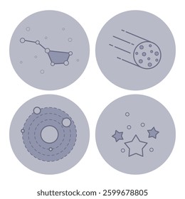 Collection of four circular icons depicting various space elements. Constellation, comet, planets, and scattered stars