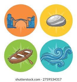 A collection of four circular icons, each representing a different element or concept: a bridge, a smooth stone, a rowboat with oars, and swirling water.
