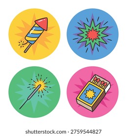 A collection of four circular icons featuring a firework rocket, an explosion, a sparkler, and a box of matches, all in a playful cartoon style.