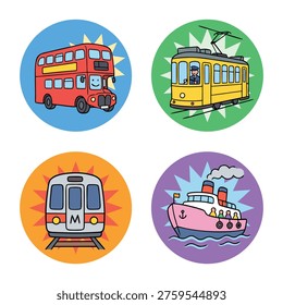 A collection of four circular icons featuring stylized cartoon illustrations of a red double-decker bus, a yellow tram, a modern train, and a pink steamship.