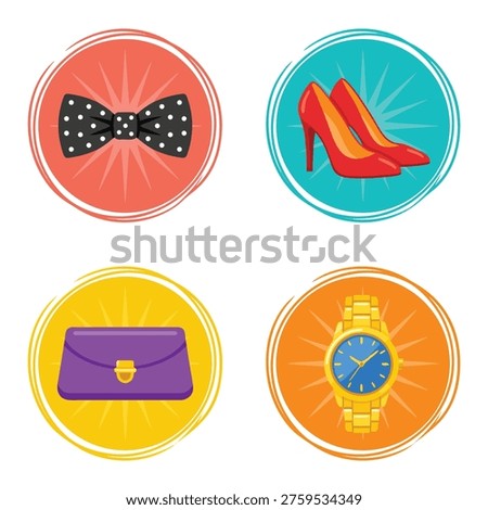 A collection of four circular icons featuring fashion accessories: a polka dot bow tie, red high heels, a purple clutch purse, and a gold wristwatch.