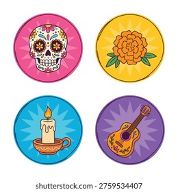 A collection of four circular icons representing elements of the Day of the Dead celebration: a sugar skull, a marigold flower, a lit candle, and a guitar.