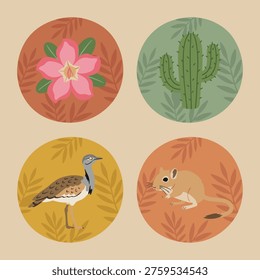 A collection of four circular icons representing desert flora and fauna, including a cactus, a desert flower, a bird, and a small rodent.
