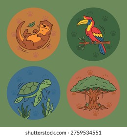 A collection of four circular illustrations featuring a playful otter, a colorful toucan, a swimming sea turtle, and a large banyan tree.