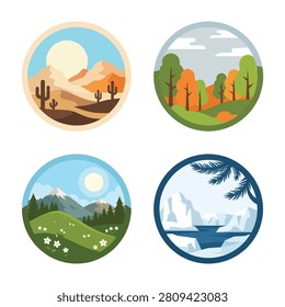 A collection of four circular nature scenes featuring a desert landscape with sun, an autumn forest, a spring meadow with hills, and a snowy winter mountain view.