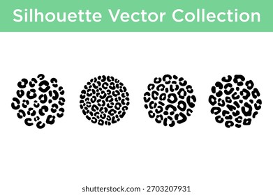 A collection of four circular silhouettes featuring a black leopard print pattern on a white background.