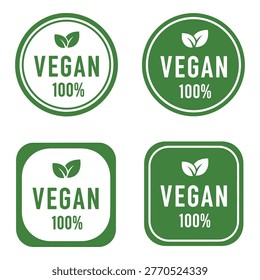 Collection of four circular and square green vegan 100 percent certified labels with leaves symbols icon