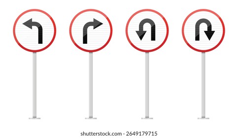 A collection of four circular traffic signs with red borders and white interiors, each displaying different turn instructions: left, right and downward u-turns.