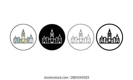 A collection of four circular vector icons depicting a stylized city skyline with a tall clock tower and various buildings in different styles and color schemes