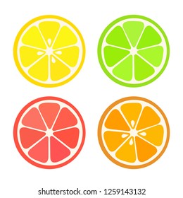 Collection of four citrus fruits icons in flat style. Lemon, lime, orange, grapefruit.