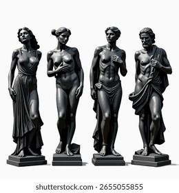 A collection of four classical sculptures, featuring two draped female figures and two muscular male figures, all rendered in a dark, bronzed material on white pedestals.