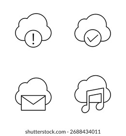 Colección de cuatro íconos de la nube que muestran error, éxito, correo electrónico y medios de música.
