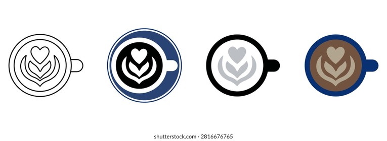 A collection of four coffee cup icons featuring heart shaped latte art, presented in various graphic styles including line art, solid fill, and flat color.