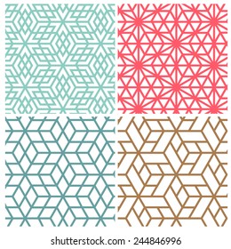 Collection of four color star and cube line vector patterns