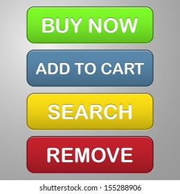 collection of four colored buttons with text buy now, add to cart, search and remove