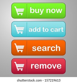 collection of four colored buttons with text buy now, add to cart, search and remove with a cart icon