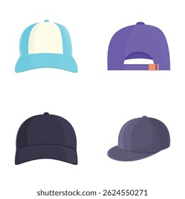 Collection of four colorful baseball caps in flat design, isolated on a white background