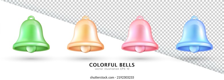 Collection of four colorful bells - green, golden, pink and blue. 3d rendering cartoon shiny bells isolated on white and transparent background. Vector illustration eps 10