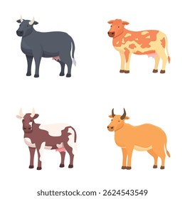 Collection of four colorful cartoon cows in different poses suitable for educational and design use