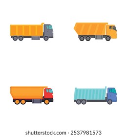 Collection of four colorful cartoon dump trucks, side view on a white background