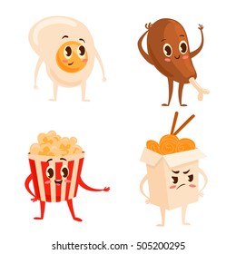 Collection of four colorful cartoon fast food characters: scrambled egg, chinese food, popcorn, chicken leg. Vector illustration of different emotions isolated on white. Cute kawaii food characters.