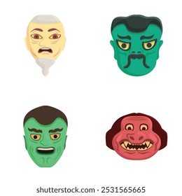 Collection of four colorful cartoon monster faces showing various expressions