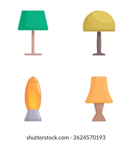 Collection of four colorful cartoon table lamps with different shapes and designs