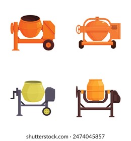 Collection of four colorful, cartoonstyle concrete mixers, isolated on a white background