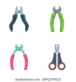 Collection of four colorful cartoonstyle pliers and scissors vector icons isolated on white