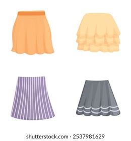 Collection of four colorful cartoonstyle skirts suitable for fashion design graphics