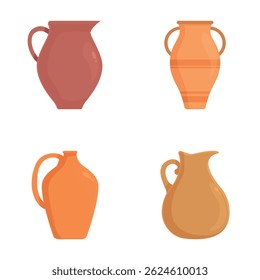 Collection of four colorful ceramic pitcher icons isolated on white background