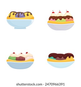 Collection of four colorful and delicious ice cream sundae illustrations