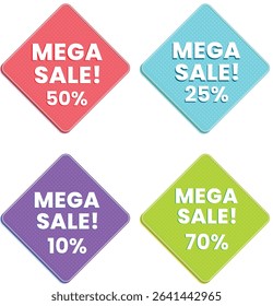 A collection of four colorful diamond shaped Mega Sale tags, each displaying a different percentage discount (50%, 25%, 10%, 70%).