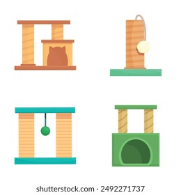 Collection of four colorful and different styled cat scratching posts for pet themed designs