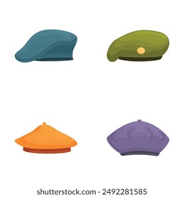 Collection of four colorful, flat cap illustrations in cartoon style