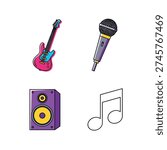 A collection of four colorful, flat design icons representing musical elements: an electric guitar, a microphone, a speaker, and a musical note.