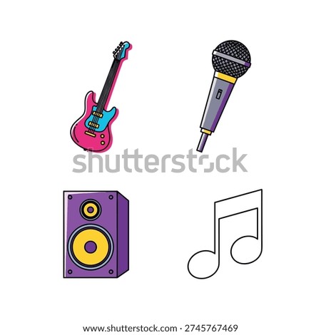 A collection of four colorful, flat design icons representing musical elements: an electric guitar, a microphone, a speaker, and a musical note.