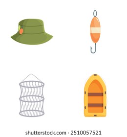 Collection of four colorful flat icons featuring essential fishing gear, a hat, hook, fish trap, and backpack