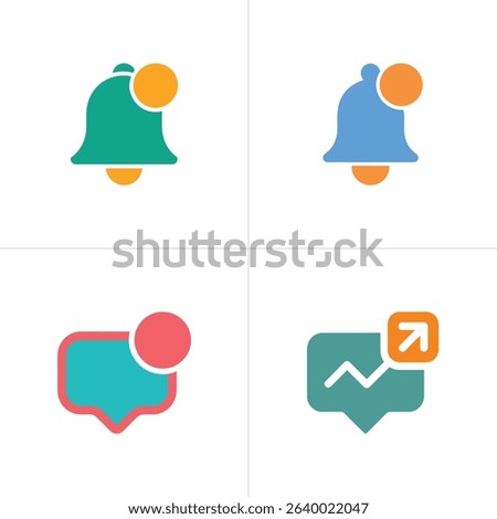Collection of four colorful, flat-style notification icons. Includes bell icons in teal and blue, plus speech bubble icons with a growth graph and message indicator.