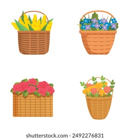 Collection of four colorful flower baskets, ideal for spring themes and floral designs