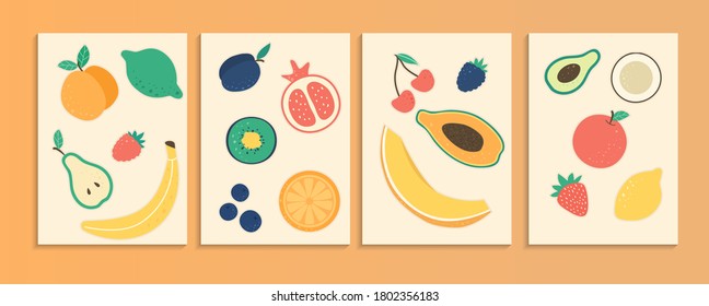 Collection of four colorful fruit posters. Cute and well drawn elements in pastel colors. Perfect for poscards, prints, or social networks or patterns. Flat Vector Illustration